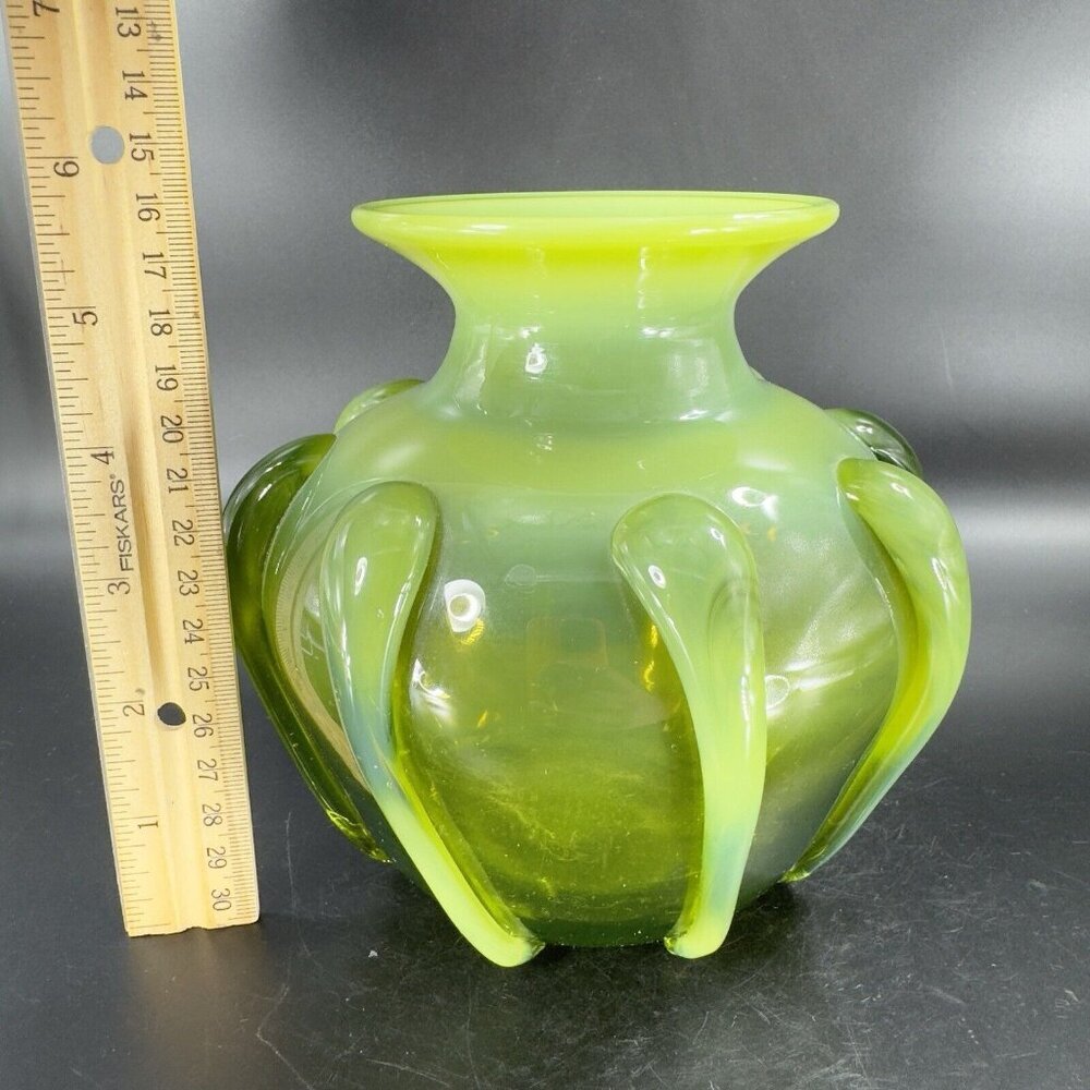 Antique Bohemian Hand Blown Green Opalescent Applied Glass Vase Vessel‎ Vintage - Picture 6 of 16